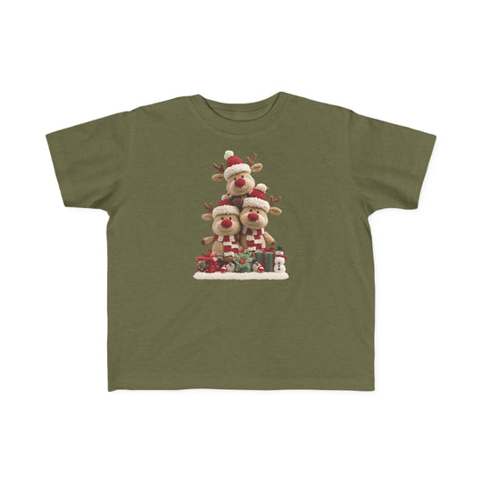 Reindeer Tree Toddler Tee featuring festive reindeer plushies in Santa hats, gifts, holly, and a snowman, designed for softness and durability, perfect for toddlers.