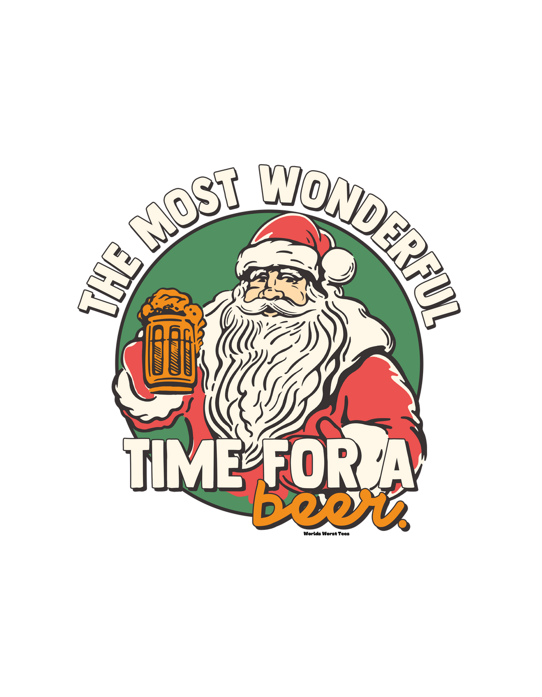 A cozy Most Wonderful Time for a Beer Hoodie featuring Santa Claus holding a beer, with a kangaroo pocket and drawstring hood. Made of 50% cotton, 50% polyester, perfect for warmth and comfort. Classic fit, tear-away label.