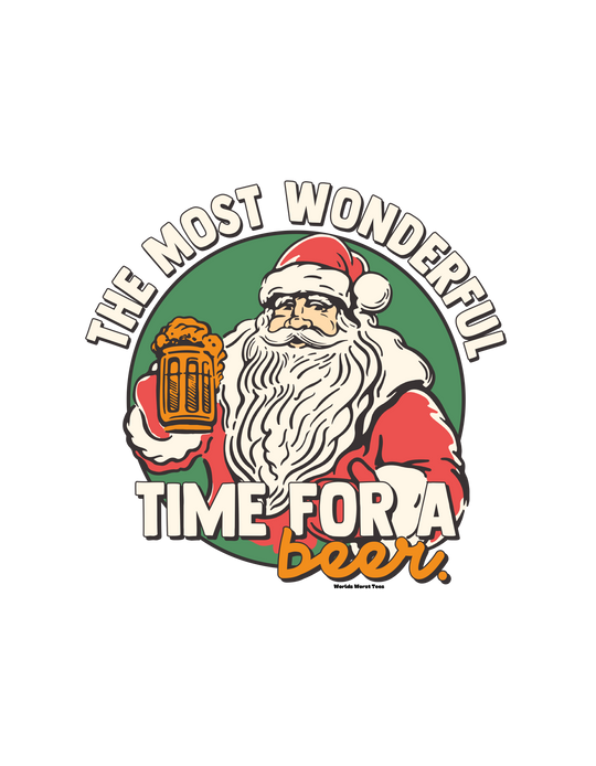 A cozy Most Wonderful Time for a Beer Hoodie featuring Santa Claus holding a beer, with a kangaroo pocket and drawstring hood. Made of 50% cotton, 50% polyester, perfect for warmth and comfort. Classic fit, tear-away label.