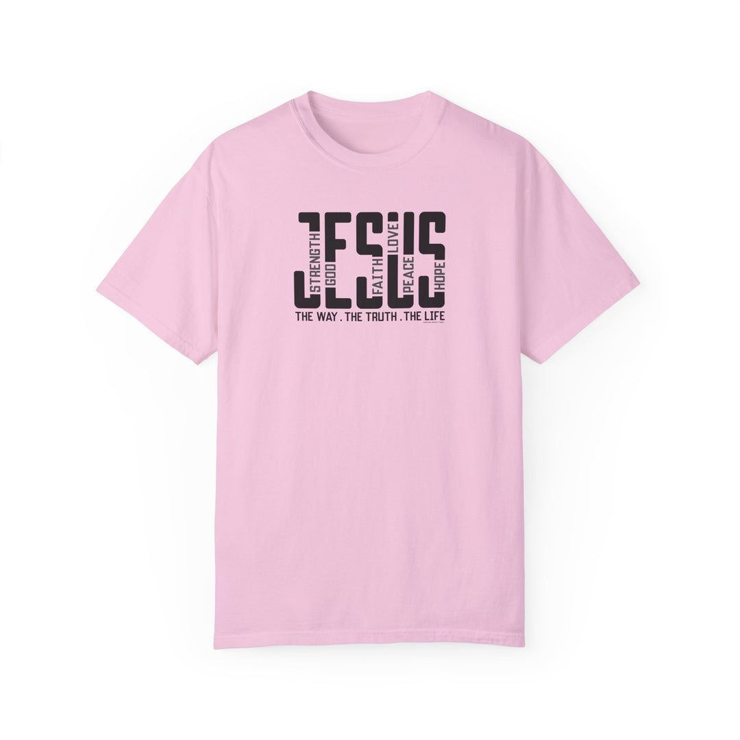 A relaxed fit Jesus Tee in pink with black text, made of 100% ring-spun cotton. Garment-dyed for extra coziness, double-needle stitching for durability, and no side-seams for shape retention.