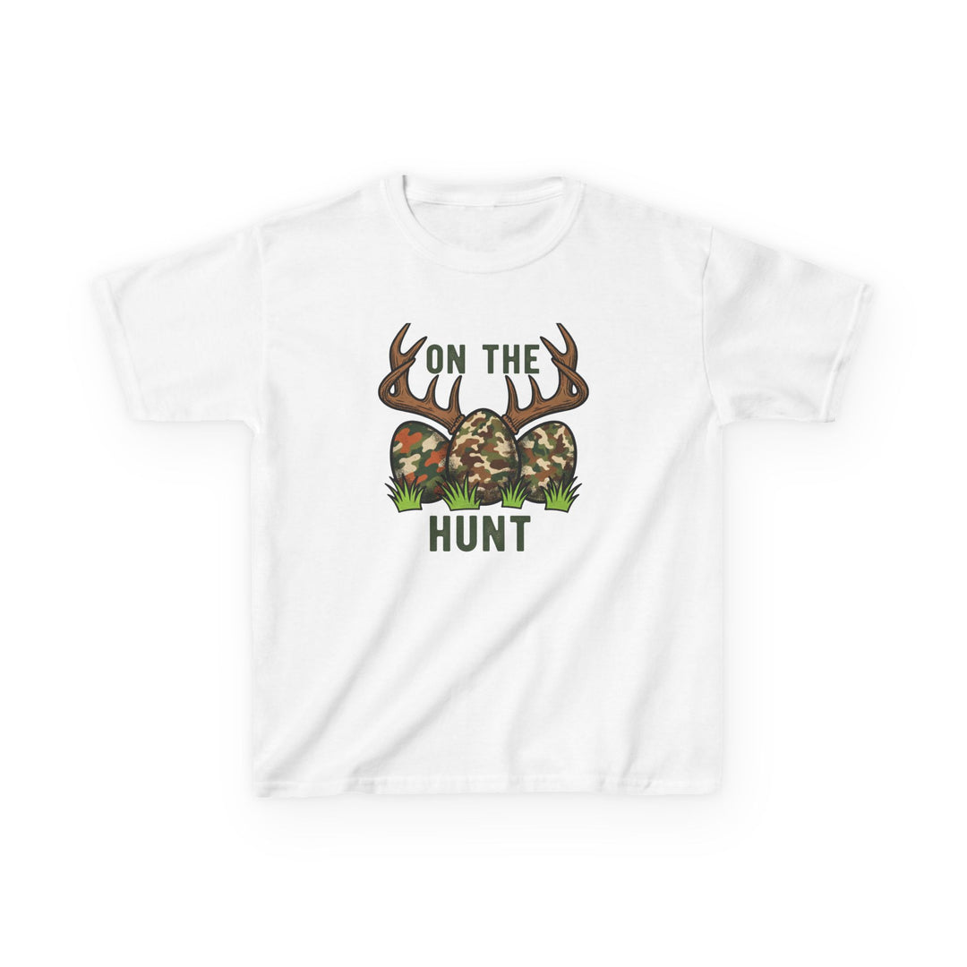 On the Hunt Kids Tee features camouflage eggs and deer antlers with ON THE HUNT text, offering a playful, durable cotton design for everyday wear.
