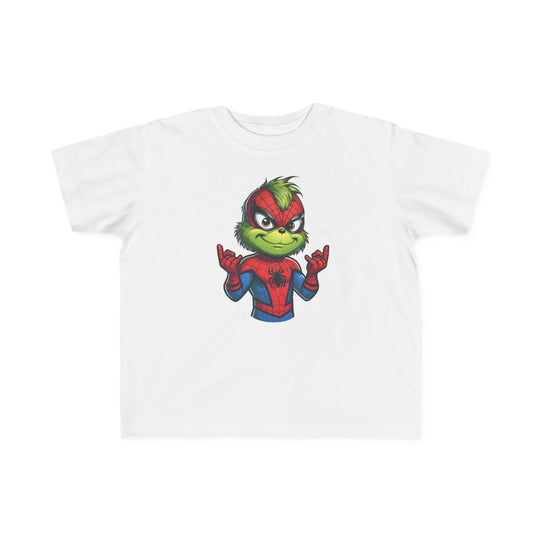 Christmas Spider Toddler Tee featuring a Grinch-like character in a Spider-Man suit, perfect for toddlers with its soft, durable cotton fabric.