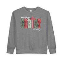 Gray Christmas Toddler Crew sweatshirt with Merry Christmas graphic, featuring red and green checkerboard block letters, crafted for warmth and durability with cotton-polyester blend.