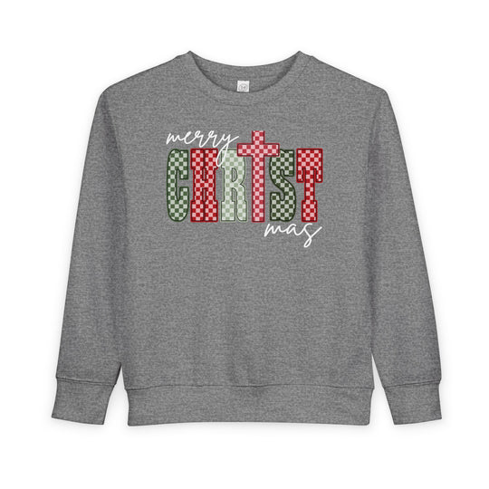 Gray Christmas Toddler Crew sweatshirt with Merry Christmas graphic, featuring red and green checkerboard block letters, crafted for warmth and durability with cotton-polyester blend.