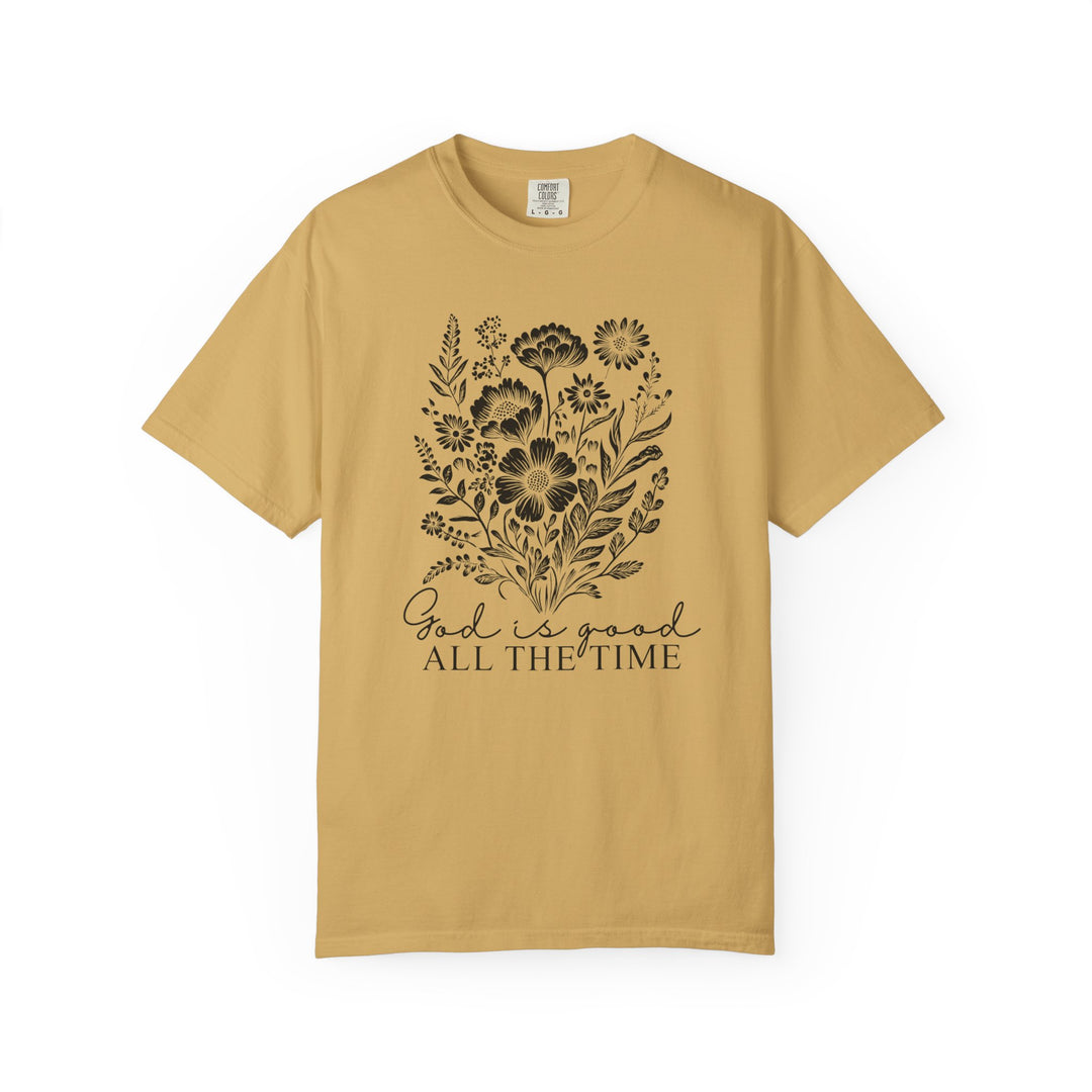 God is Good All the Time Tee, a relaxed fit shirt with durable double-needle stitching, perfect for casual wear with a classic crew neckline.
