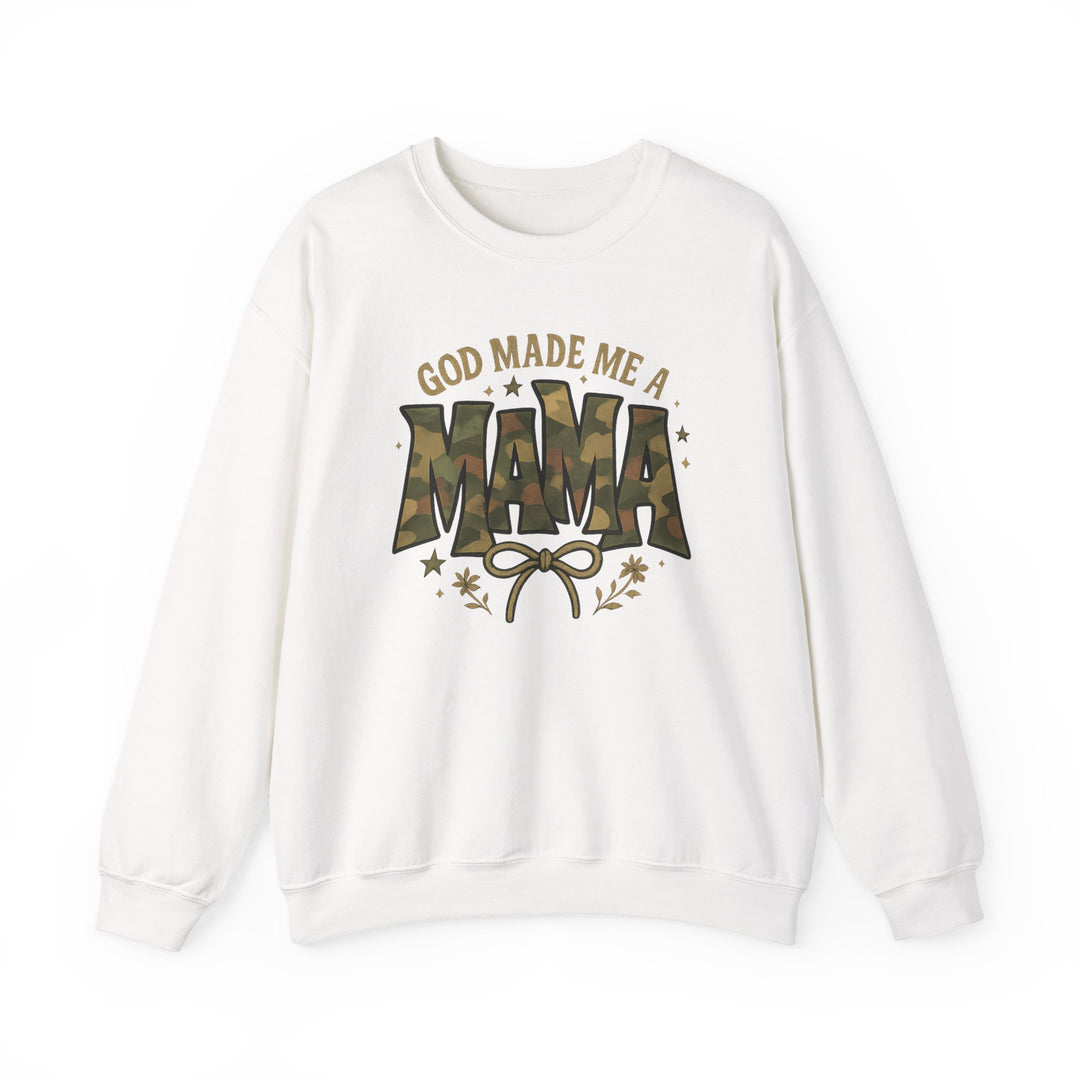 White crew-neck sweatshirt featuring GOD MADE ME A MAMA with camouflage and gold accents, offering comfort and durability, ideal for casual wear.