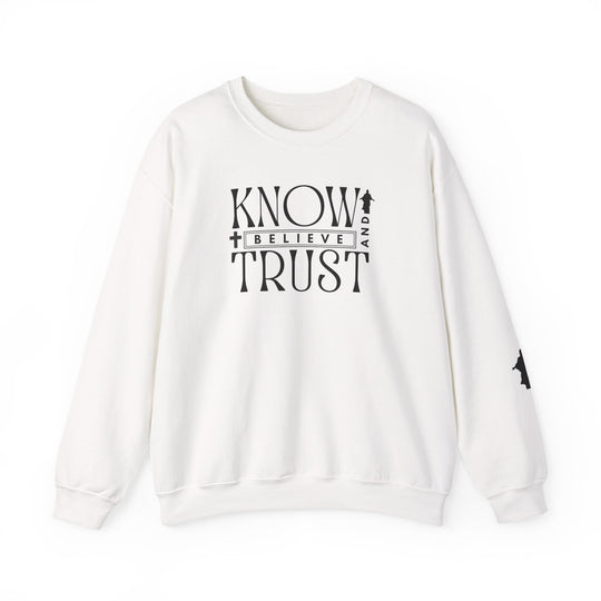 Trust, Know, Believe Crew: A white sweatshirt showcasing bold black text, crafted for comfort with a durable, medium-heavy cotton-polyester blend, perfect for cooler weather.