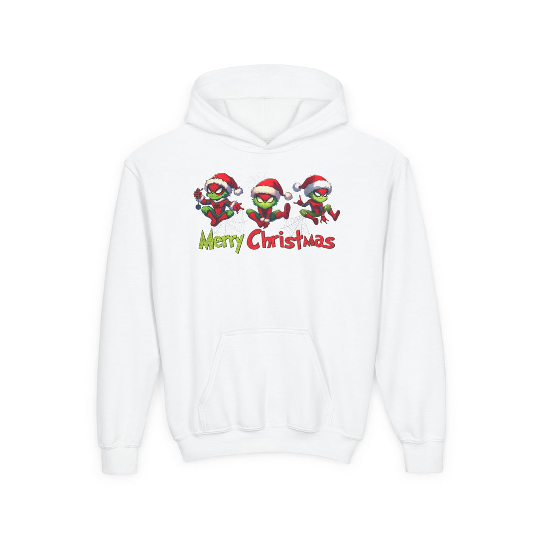 Spider Youth Hoodie featuring three Grinch-like characters in Santa hats swinging on webs, with Merry Christmas text, perfect for festive, comfortable wear.
