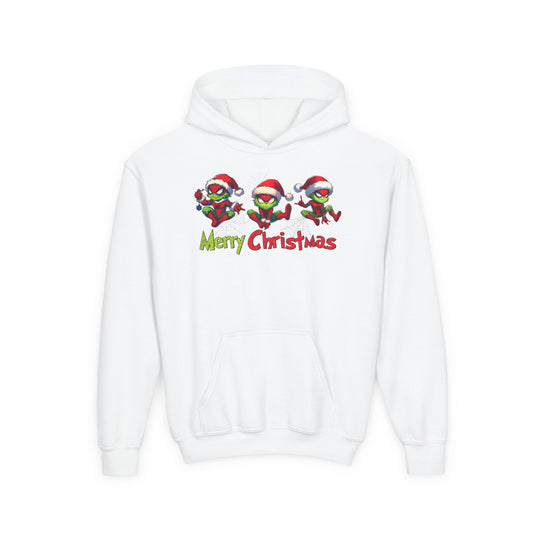 Spider Youth Hoodie featuring three Grinch-like characters in Santa hats swinging on webs, with Merry Christmas text, perfect for festive, comfortable wear.