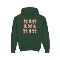 Cookies and Bows Youth Hoodie featuring a festive 3x3 grid of candy-cane bows and Christmas trees with Santa hats on dark-green fleece with kangaroo pocket.