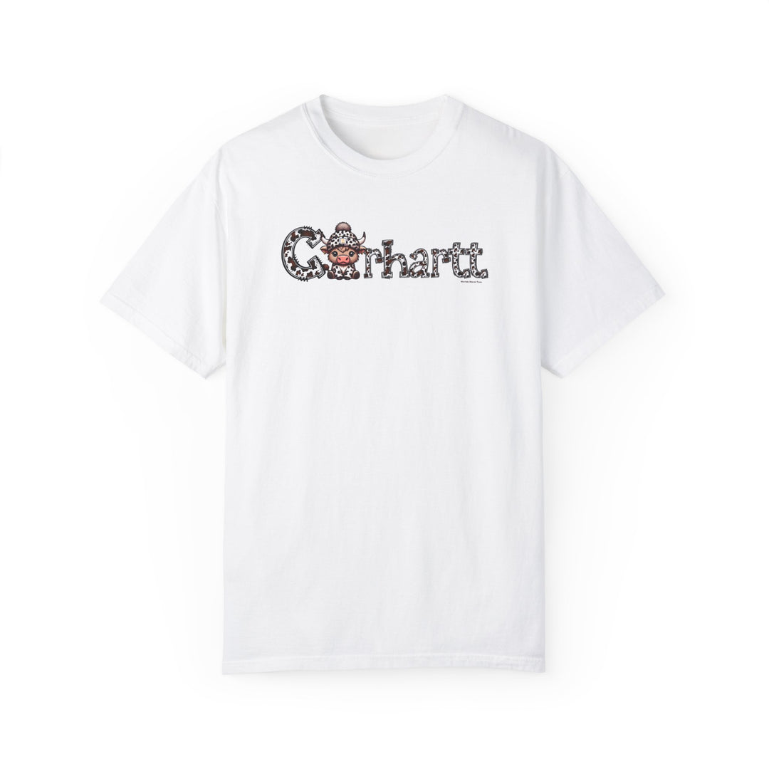 A relaxed fit Cowhartt Cow Tee, a white t-shirt featuring a cartoon cow with horns and a hat. Made of 100% ring-spun cotton for extra coziness and durability, perfect for daily wear.