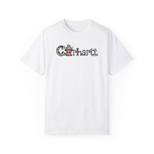 A relaxed fit Cowhartt Cow Tee, a white t-shirt featuring a cartoon cow with horns and a hat. Made of 100% ring-spun cotton for extra coziness and durability, perfect for daily wear.