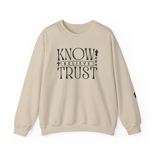 Close-up of the Trust, Know, Believe Crew sweatshirt showcasing black lettering on a white background, highlighting its ribbed collar and durable stitching for a comfortable fit.