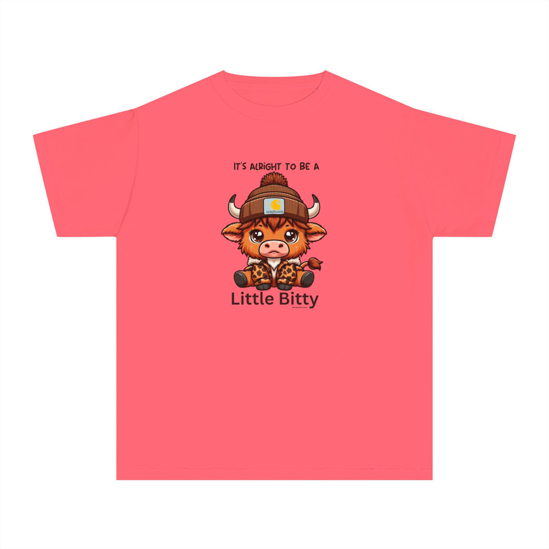 Little Bitty Kids Tee: Pink shirt with cartoon cow, perfect for active kids. 100% combed ringspun cotton, soft-washed, garment-dyed, classic fit. Ideal for study or play. Dimensions: XS-L.