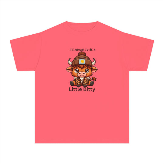Little Bitty Kids Tee: Pink shirt with cartoon cow, perfect for active kids. 100% combed ringspun cotton, soft-washed, garment-dyed, classic fit. Ideal for study or play. Dimensions: XS-L.