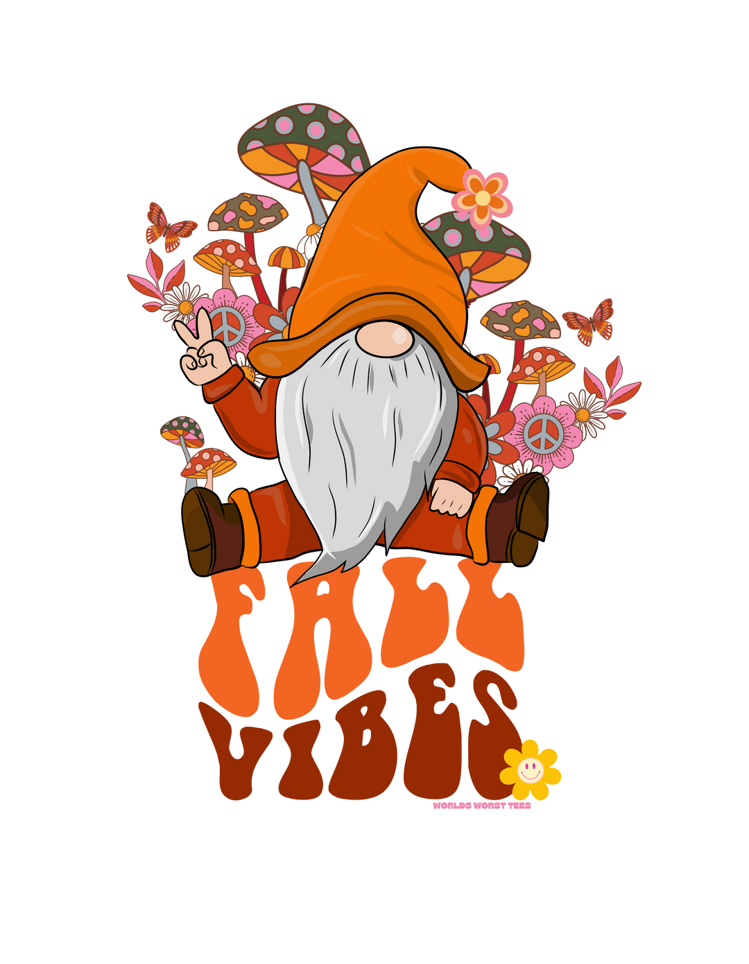 A whimsical Fall Vibes Crew cartoon gnome sweatshirt with flowers and mushrooms, embodying comfort and style. Unisex, 50% cotton, 50% polyester, loose fit, ribbed knit collar, medium-heavy fabric, and sewn-in label.