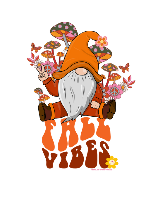A whimsical Fall Vibes Crew cartoon gnome sweatshirt with flowers and mushrooms, embodying comfort and style. Unisex, 50% cotton, 50% polyester, loose fit, ribbed knit collar, medium-heavy fabric, and sewn-in label.