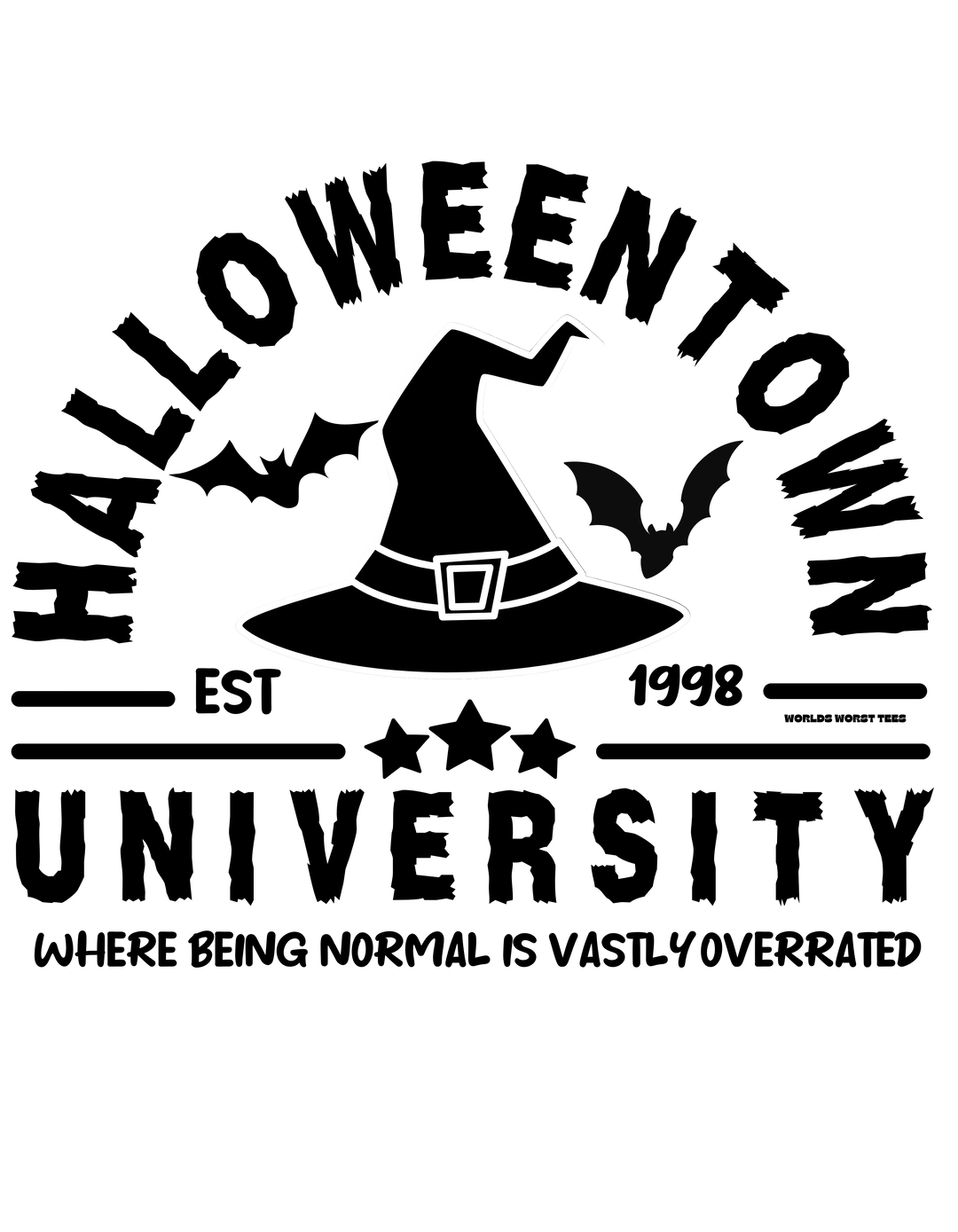 A unisex heavy blend crewneck sweatshirt featuring a white outline of a person's hat. Halloweentown University Crew design. Polyester and cotton blend, ribbed knit collar, loose fit, sewn-in label.