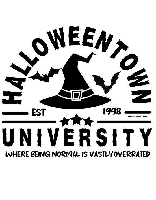 A unisex heavy blend crewneck sweatshirt featuring a white outline of a person's hat. Halloweentown University Crew design. Polyester and cotton blend, ribbed knit collar, loose fit, sewn-in label.