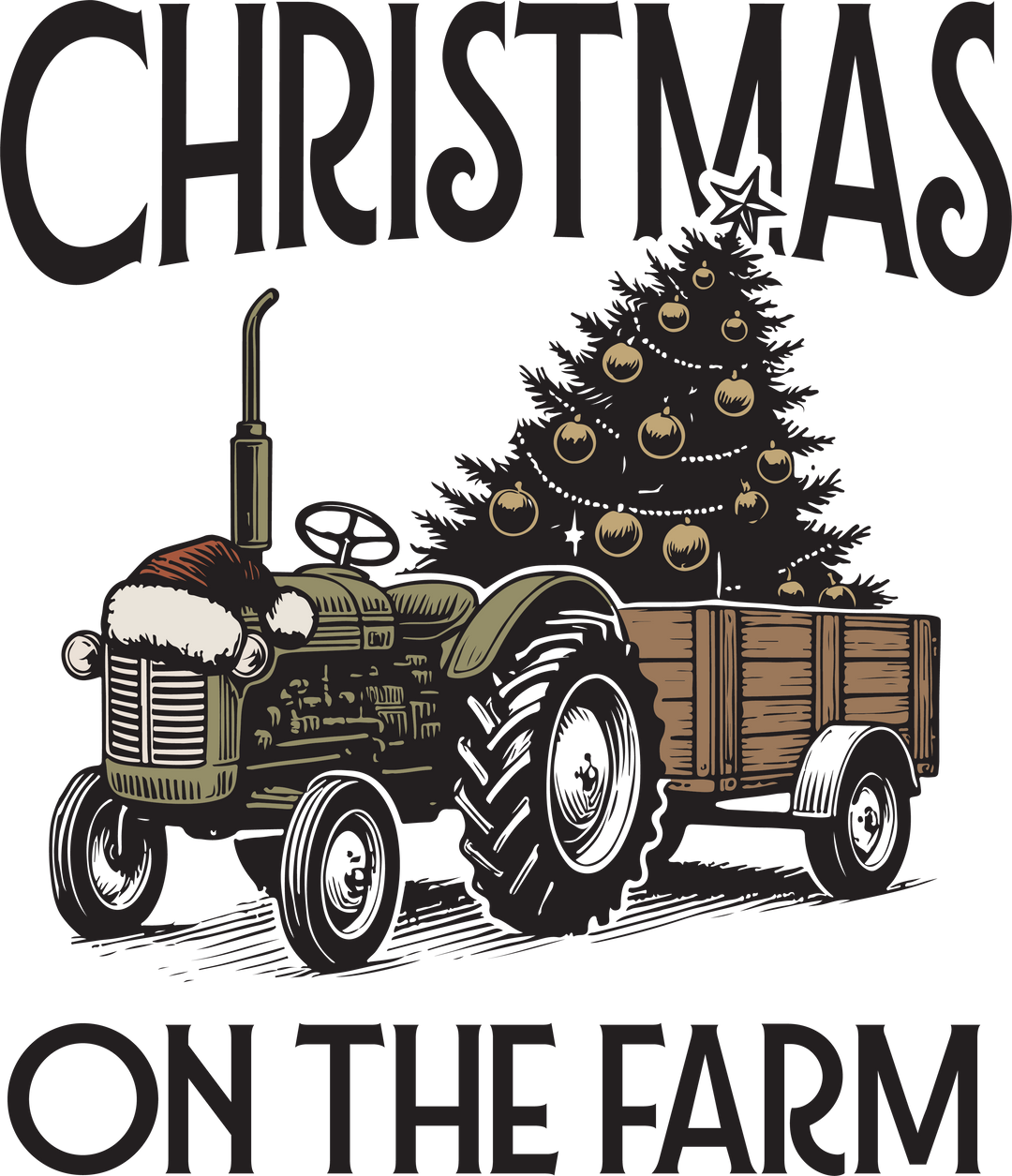 Christmas on the Farm Hoodie featuring a vintage tractor with Santa hat and wagon carrying a decorated tree, capturing festive rural charm.