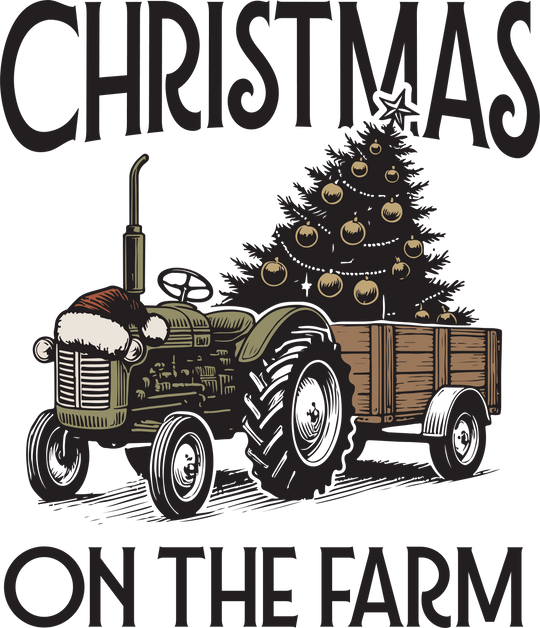 Christmas on the Farm Hoodie featuring a vintage tractor with Santa hat and wagon carrying a decorated tree, capturing festive rural charm.