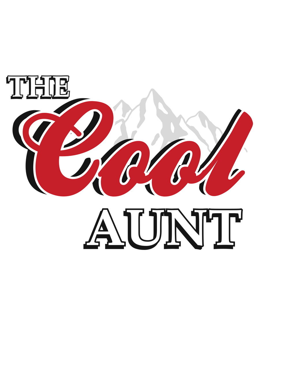 A red and white logo with mountains in the background, featuring The Cool Aunt Crew unisex heavy blend crewneck sweatshirt. Made of 50% cotton, 50% polyester, loose fit, ribbed knit collar, and no itchy side seams.