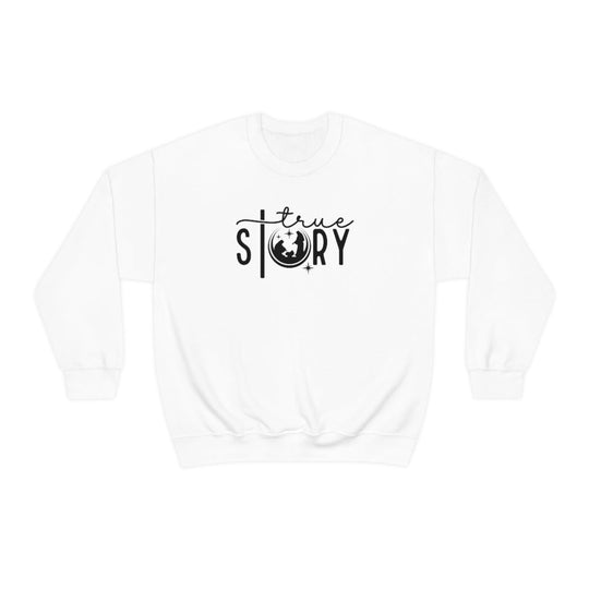 A unisex heavy blend crewneck sweatshirt, the True Story Crewneck, featuring a black and white logo and text on white fabric. Made of 50% cotton and 50% polyester, with a ribbed knit collar and a loose fit.