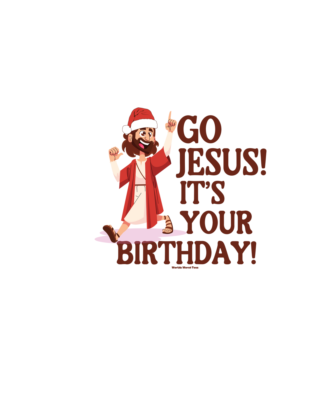 A cartoon of a man in a robe and hat giving a thumbs up, embodying the spirit of the Go Jesus it's your birthday Tee from Worlds Worst Tees. Unisex sweatshirt, 80% ring-spun cotton, 20% polyester, relaxed fit, medium-heavy fabric.