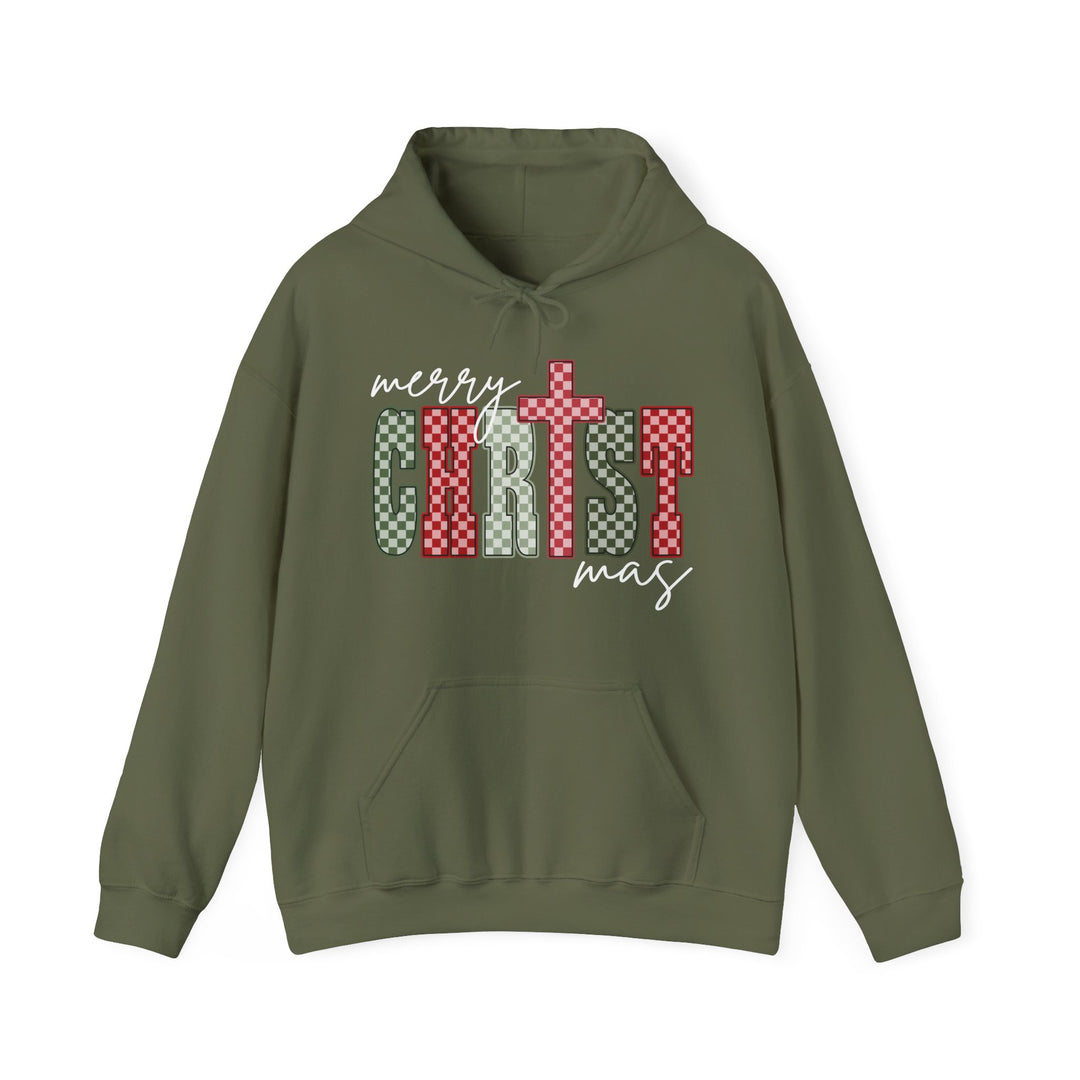 Christmas Hoodie featuring a festive merry CHRISTmas graphic with checkerboard and cross design, drawstring hood, and kangaroo pocket for warmth and style.
