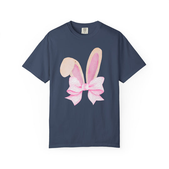 Navy-blue Bunny Bow Tree Tee features bunny ears and a pink bow graphic, offering a relaxed fit and soft comfort from Faith Family Designs.