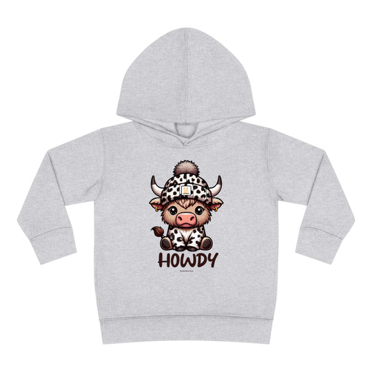 Toddler hoodie featuring a cartoon cow design, durable construction with cover-stitched details, and side seam pockets for cozy wear. From Worlds Worst Tees, the Howdy Toddler Hoodie offers comfort and style.