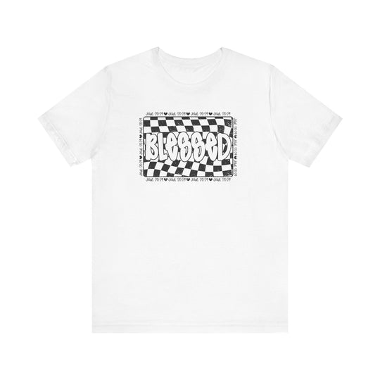 Blessed Tee featuring a black and white checkered design on a white t-shirt, combining comfort and style with a classic unisex fit.
