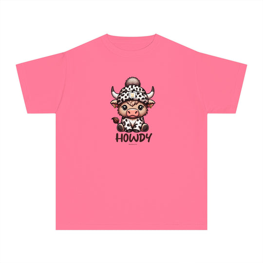 A pink kid's tee featuring a cartoon cow in a hat, designed for comfort and play. 100% combed ringspun cotton, soft-washed, and garment-dyed. Perfect for active kids. From 'Worlds Worst Tees'.