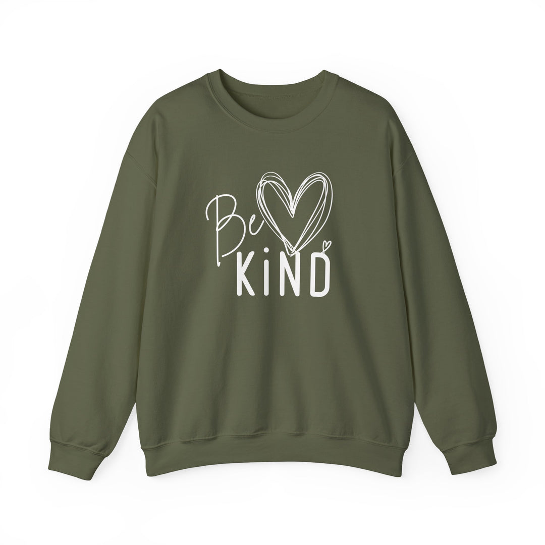 Army-green crewneck sweatshirt with “Be Kind” and heart graphic. Cozy, durable, and ethically made for Faith Family Designs.