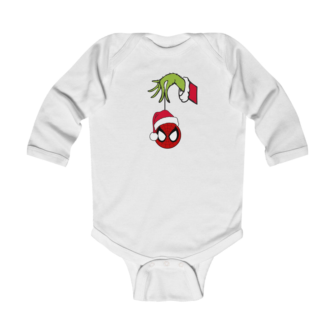 Spider Ball Christmas Onesie featuring a festive graphic of a green hand holding a Spider-Man mask ornament, perfect for holiday celebrations with your little one.