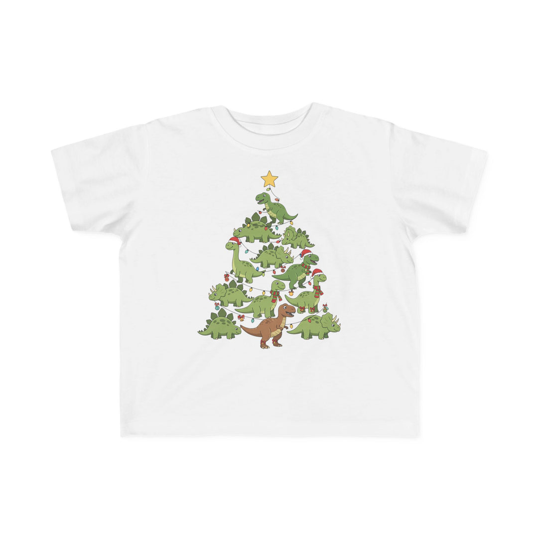 Dino Tree Toddler Tee: A whimsical toddler T-shirt featuring cartoon dinosaurs forming a Christmas tree with lights, ornaments, and a star, perfect for sensitive skin.