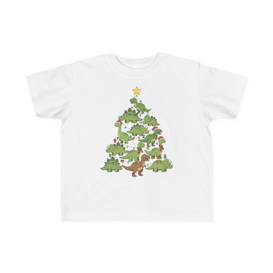 Dino Tree Toddler Tee: A whimsical toddler T-shirt featuring cartoon dinosaurs forming a Christmas tree with lights, ornaments, and a star, perfect for sensitive skin.