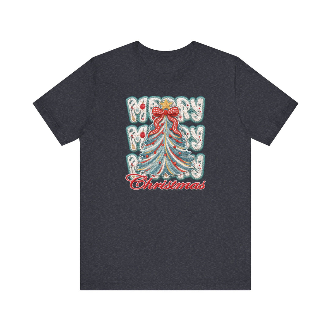 Merry Christmas Tree Tee featuring an embroidered-style Christmas tree graphic on a dark charcoal T-shirt, offering a festive look with a comfortable, classic unisex fit.