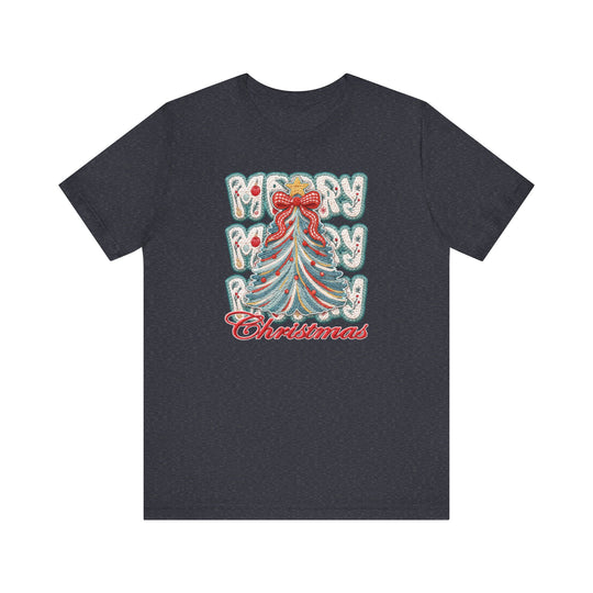 Merry Christmas Tree Tee featuring an embroidered-style Christmas tree graphic on a dark charcoal T-shirt, offering a festive look with a comfortable, classic unisex fit.