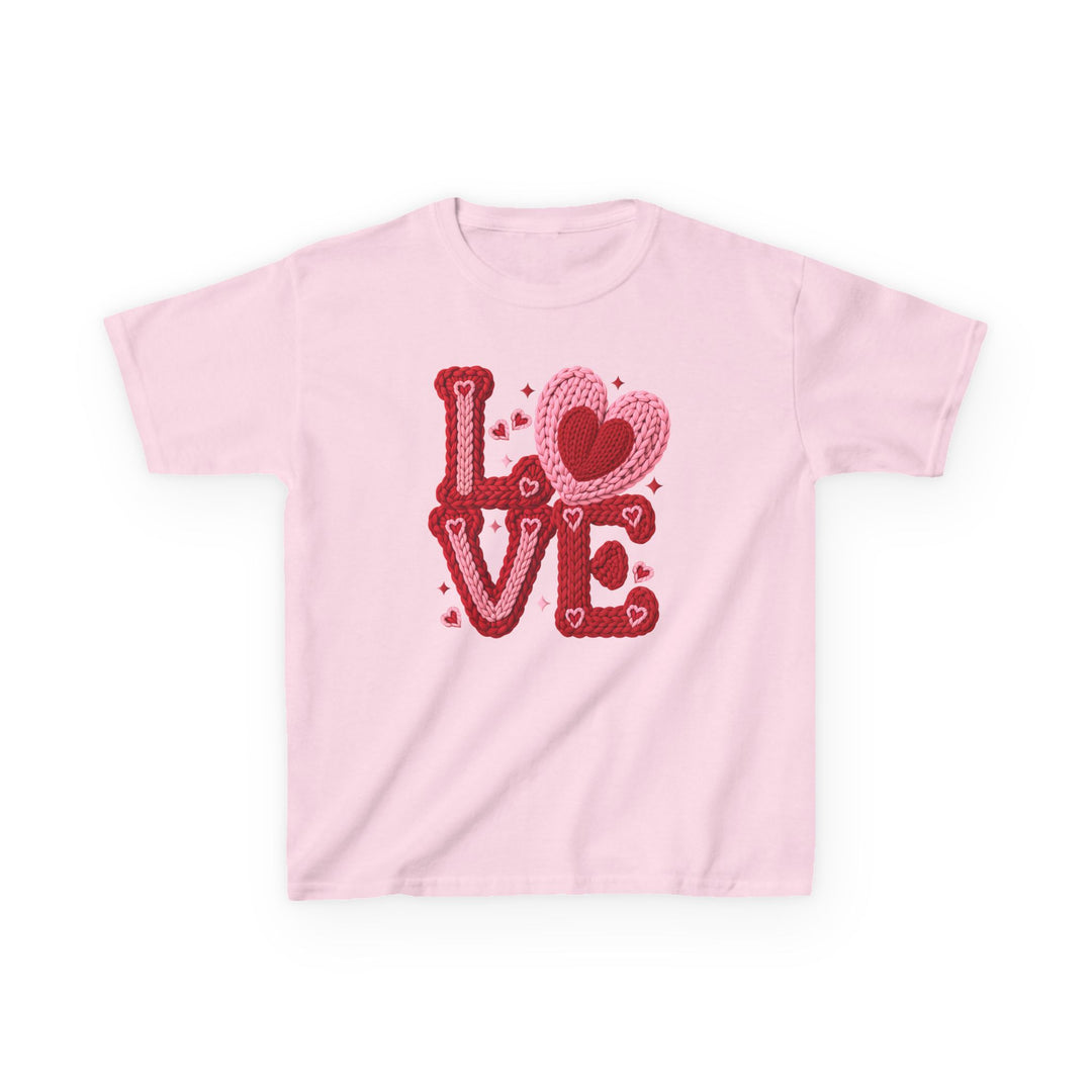 Light-pink kids tee with “LOVE” in red and pink yarn letters; heart-shaped O and decorative hearts and sparkles.