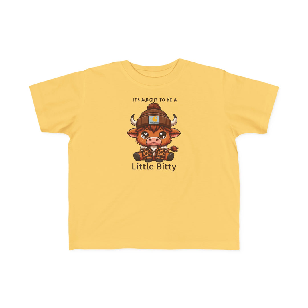 Little Bitty Toddler Tee featuring a cartoon cow, perfect for sensitive skin. 100% combed ringspun cotton, light fabric, tear-away label, classic fit. Sizes: 2T, 3T, 4T, 5-6T.