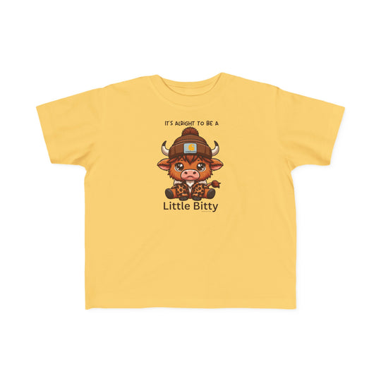 Little Bitty Toddler Tee featuring a cartoon cow, perfect for sensitive skin. 100% combed ringspun cotton, light fabric, tear-away label, classic fit. Sizes: 2T, 3T, 4T, 5-6T.
