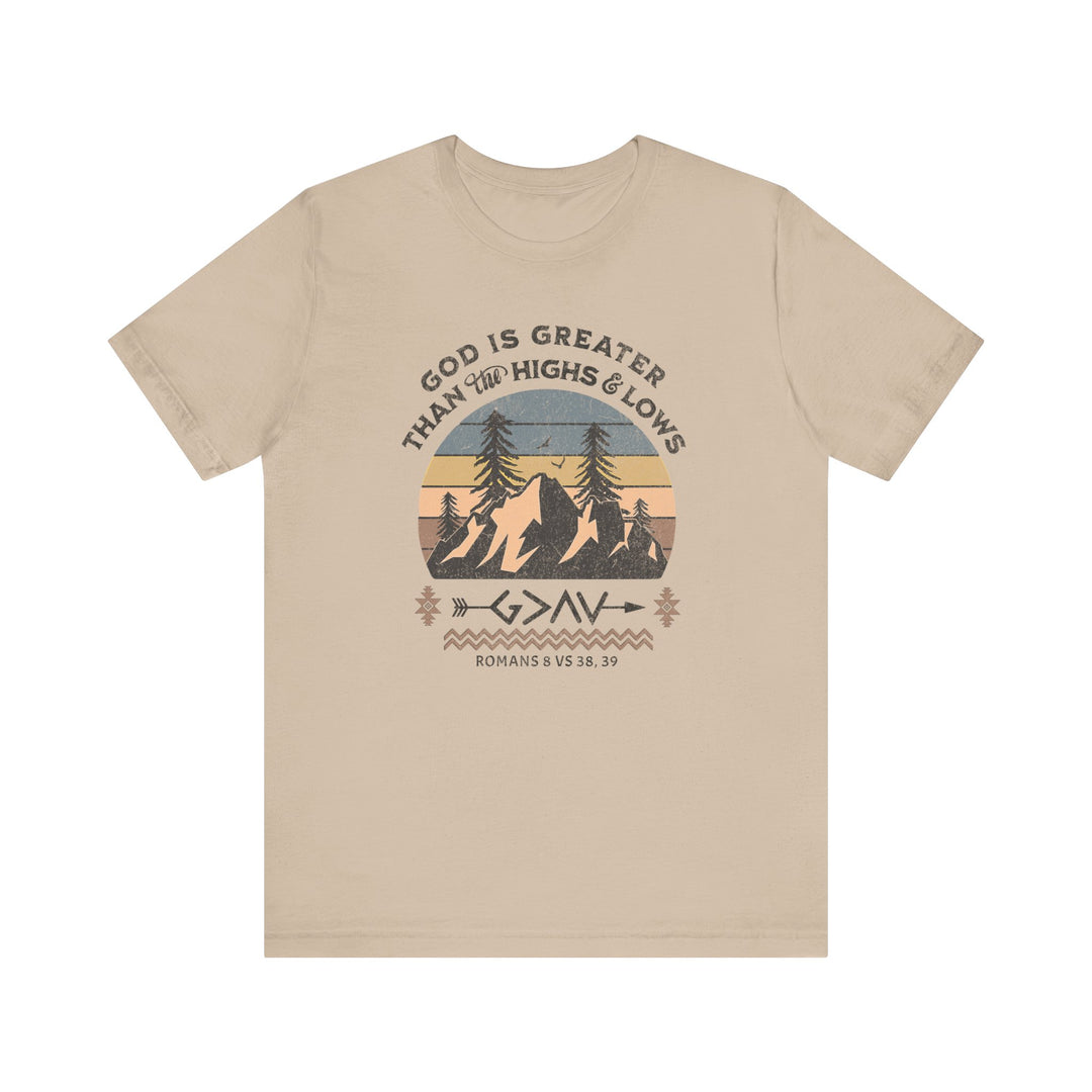 God is Greater Tee featuring a graphic design of a mountain with trees and sun, crafted from soft cotton with ribbed knit collars and dual side seams.