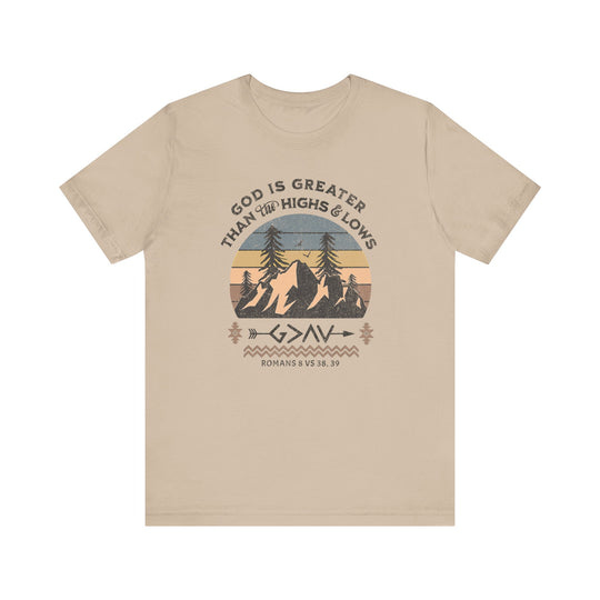 God is Greater Tee featuring a graphic design of a mountain with trees and sun, crafted from soft cotton with ribbed knit collars and dual side seams.
