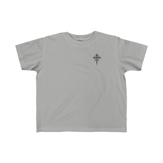Child of God Tee: A grey toddler t-shirt featuring a cross with a crown of thorns logo. Made of soft 100% combed ringspun cotton, light fabric, classic fit, tear-away label. Perfect for sensitive skin.