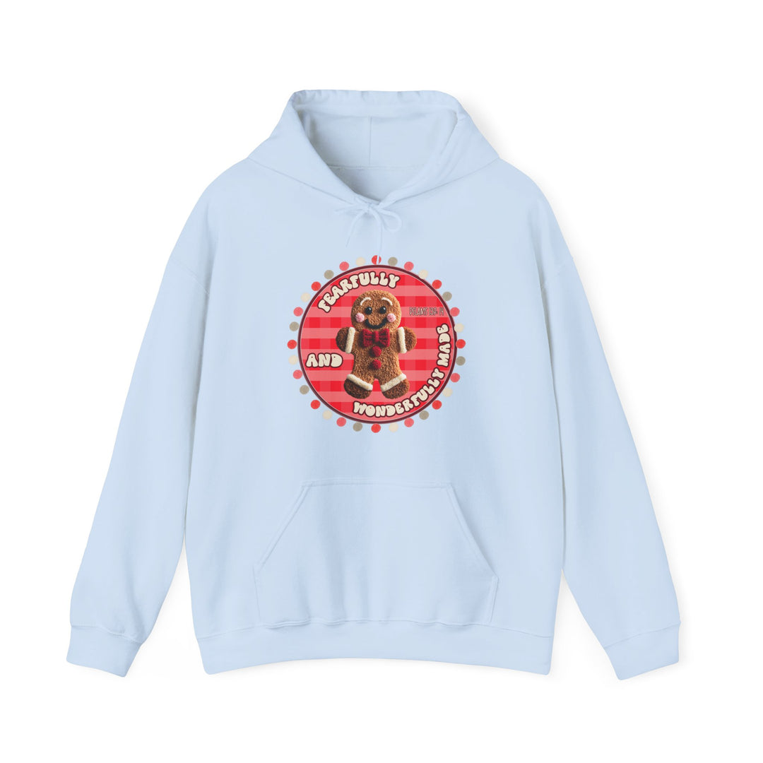 Wonderfully Made Hoodie featuring a gingerbread-man graphic with Fearfully and Wonderfully Made text, Psalm 139:14 reference on a light-blue pullover.