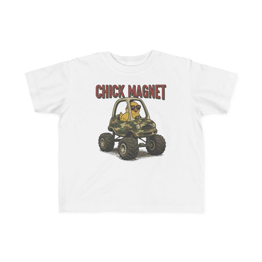 Chick Magnet Toddler Tee featuring a yellow chick in heart sunglasses driving a monster truck, ideal for toddlers with its soft, durable cotton fabric.