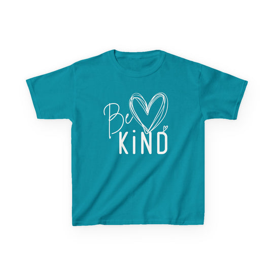 Teal Be Kind kids tee with a white graphic, featuring hand-drawn hearts, made from soft, durable, ethically-sourced cotton, ideal for everyday wear.