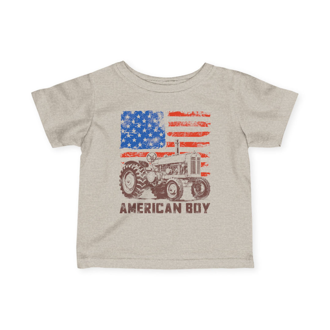 Light-heather gray American Boy Baby Tee featuring a vintage-style graphic of an American flag and old-fashioned tractor, ideal for infants.
