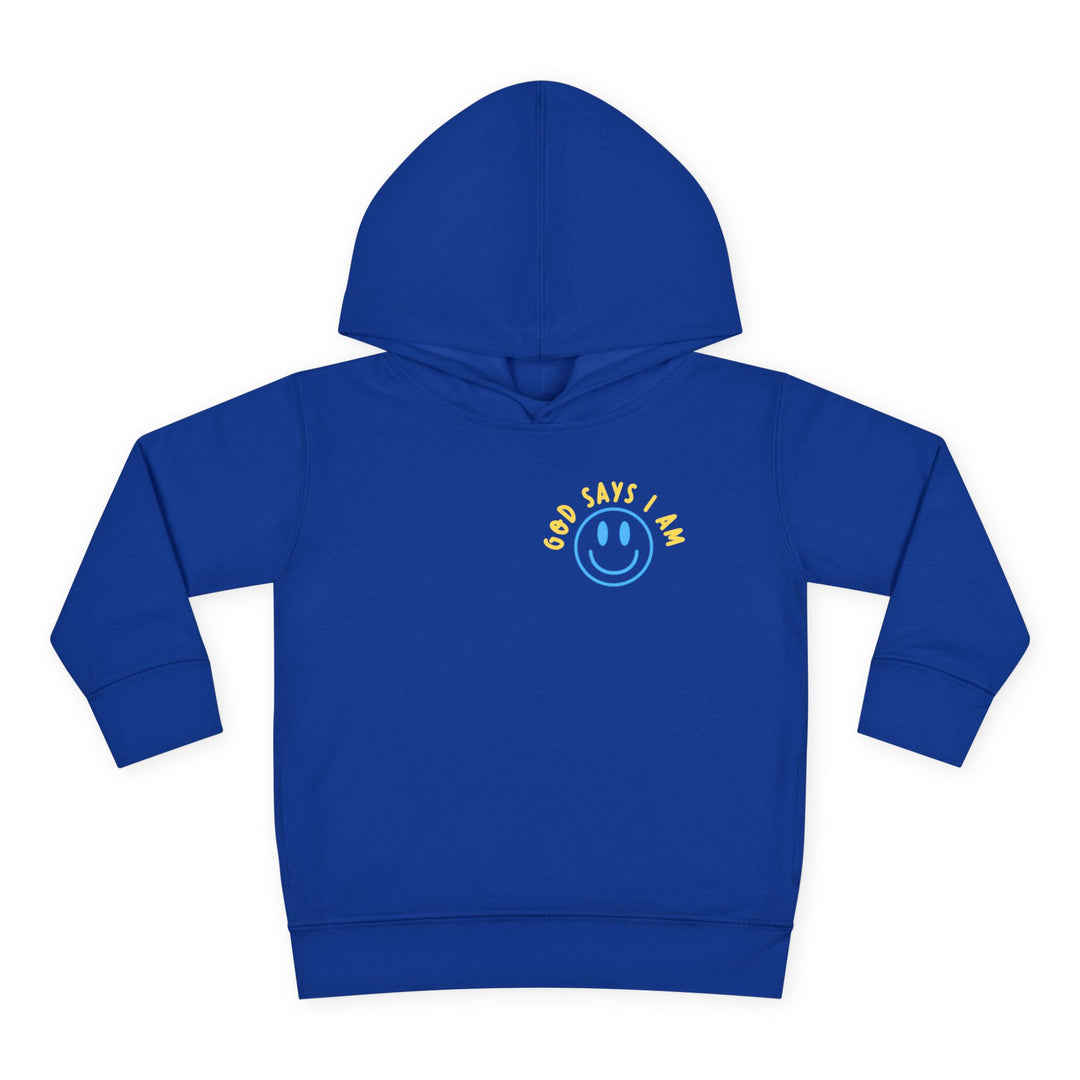 I AM Toddler Hoodie features a royal blue pullover with a smiley-face graphic, yellow God says I am text, and ribbed cuffs for comfort.